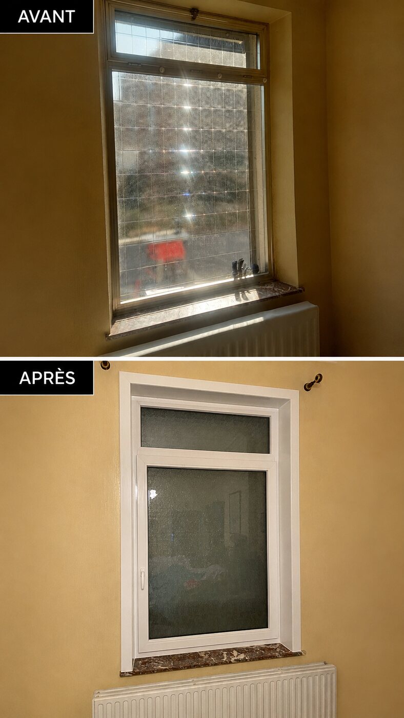 Bois → PVC blanc — avant / après, réalisation MP Châssis, Charleroi et Hainaut