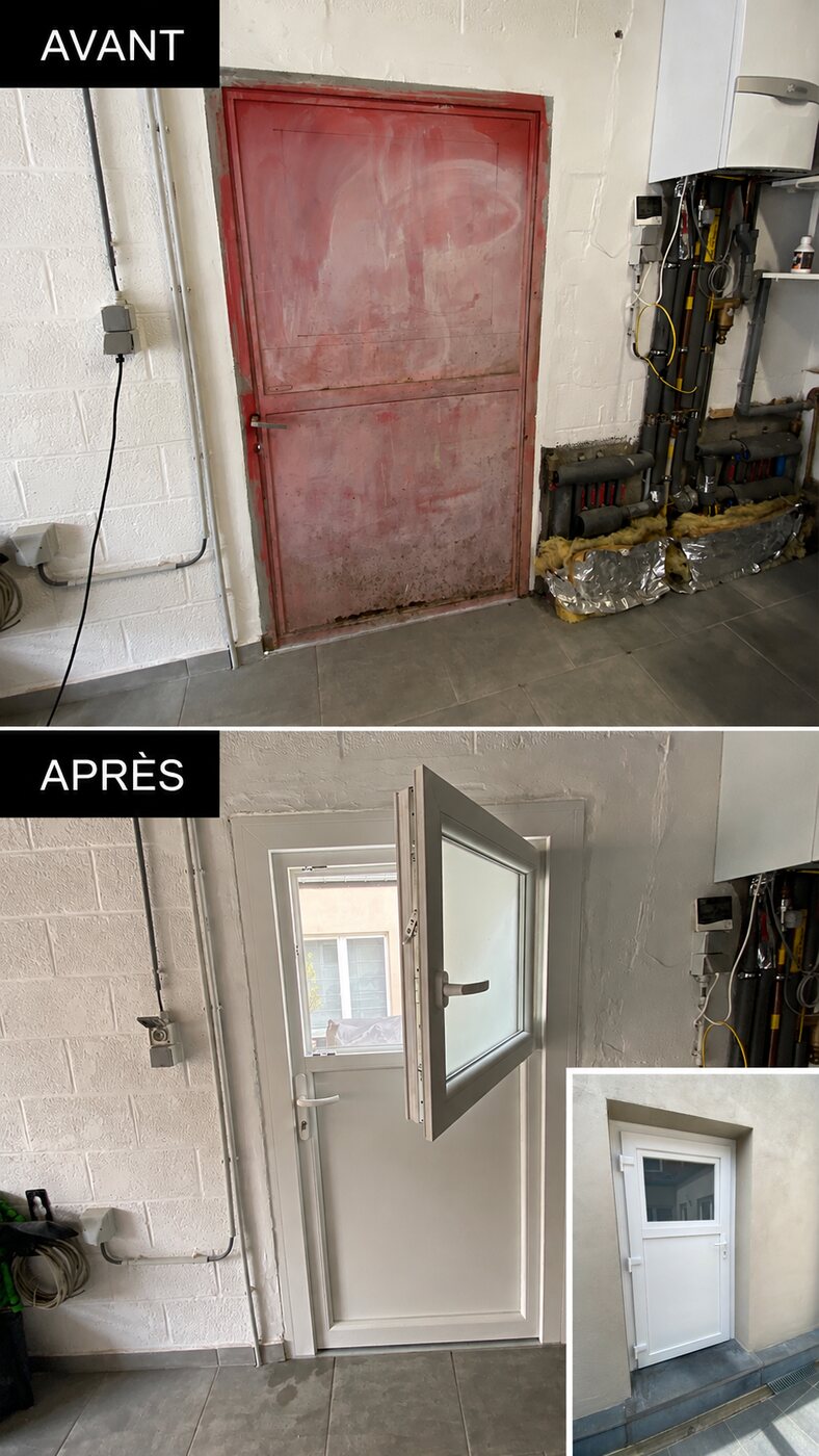 Porte à fenêtre intégrée — avant / après, réalisation MP Châssis, Charleroi et Hainaut