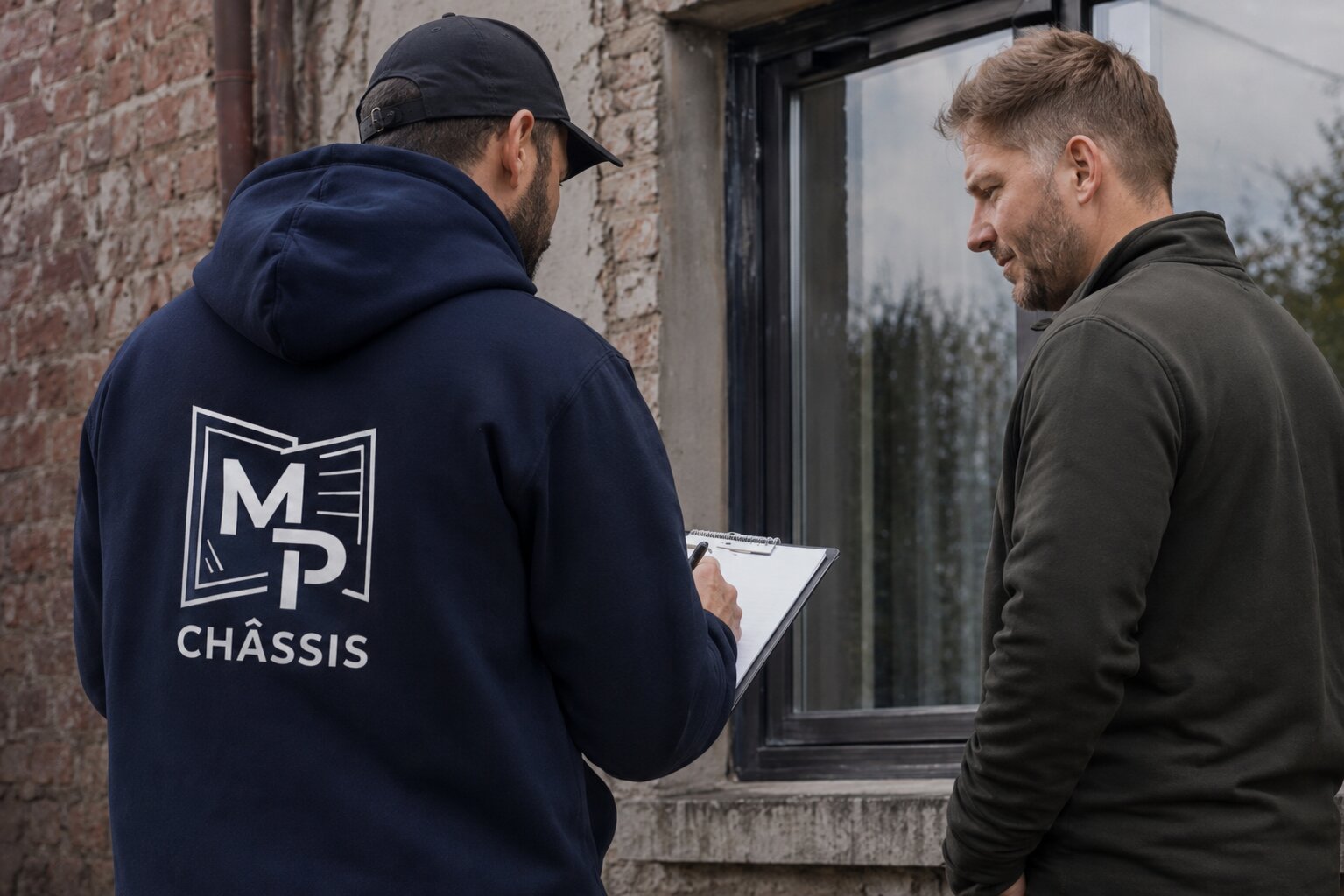 Maximilien de MP Châssis en discussion avec un client lors d'une visite de chantier