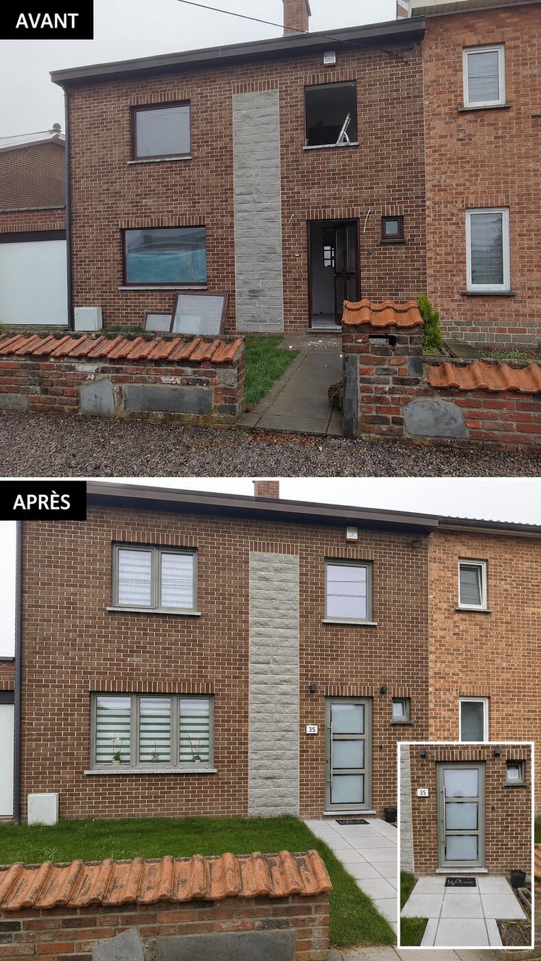 Rénovation complète — avant / après, réalisation MP Châssis, Charleroi et Hainaut