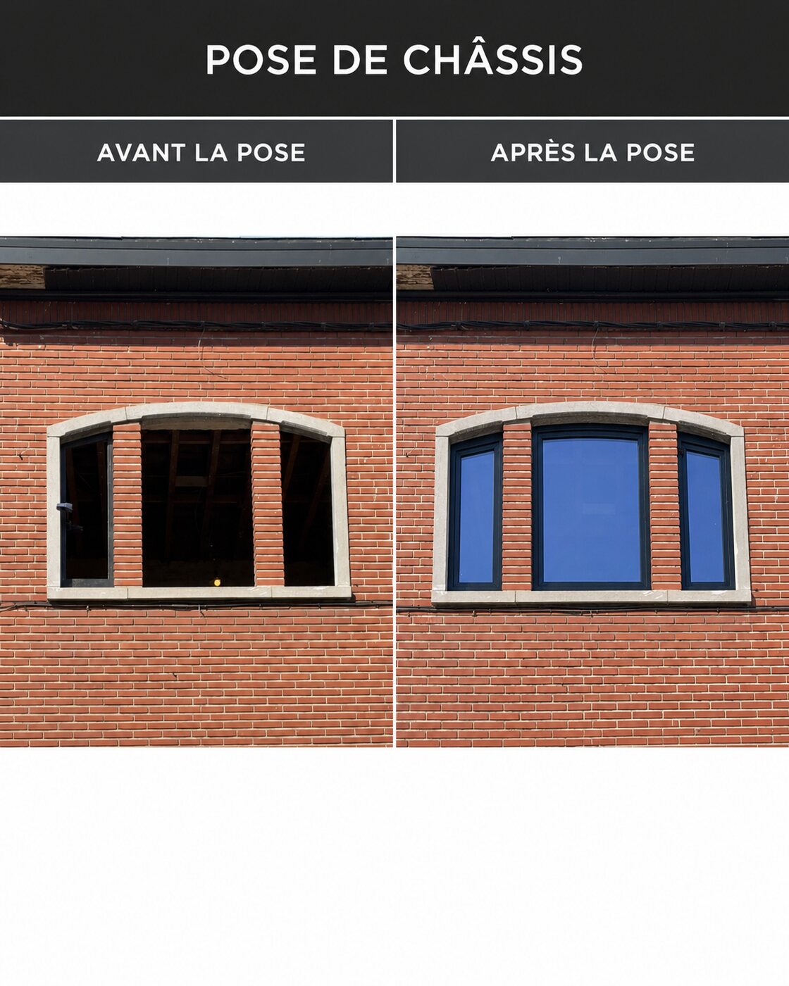 Châssis PVC cintrés — avant / après, réalisation MP Châssis, Charleroi et Hainaut