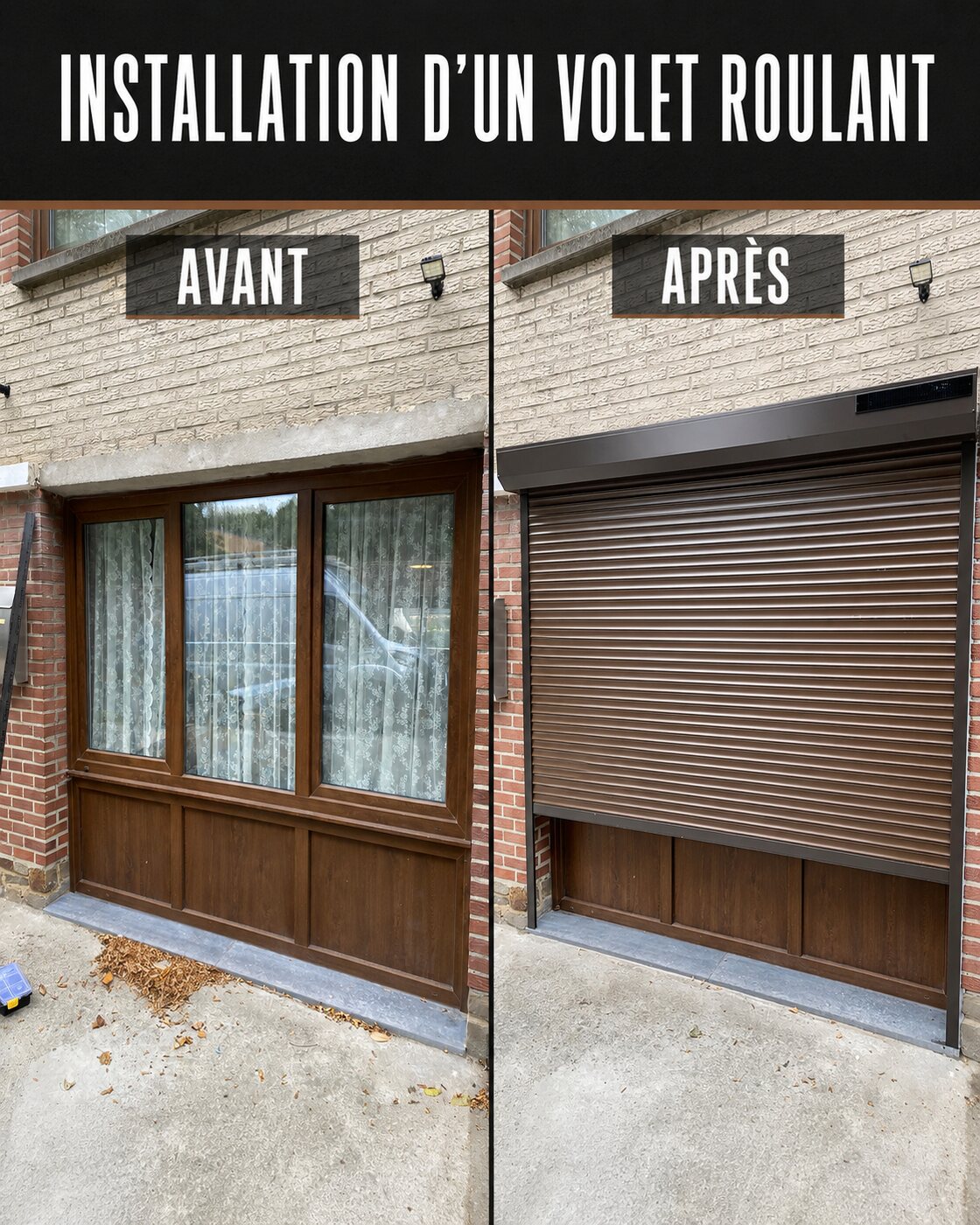 Volet Somfy sur mesure — avant / après, réalisation MP Châssis, Charleroi et Hainaut