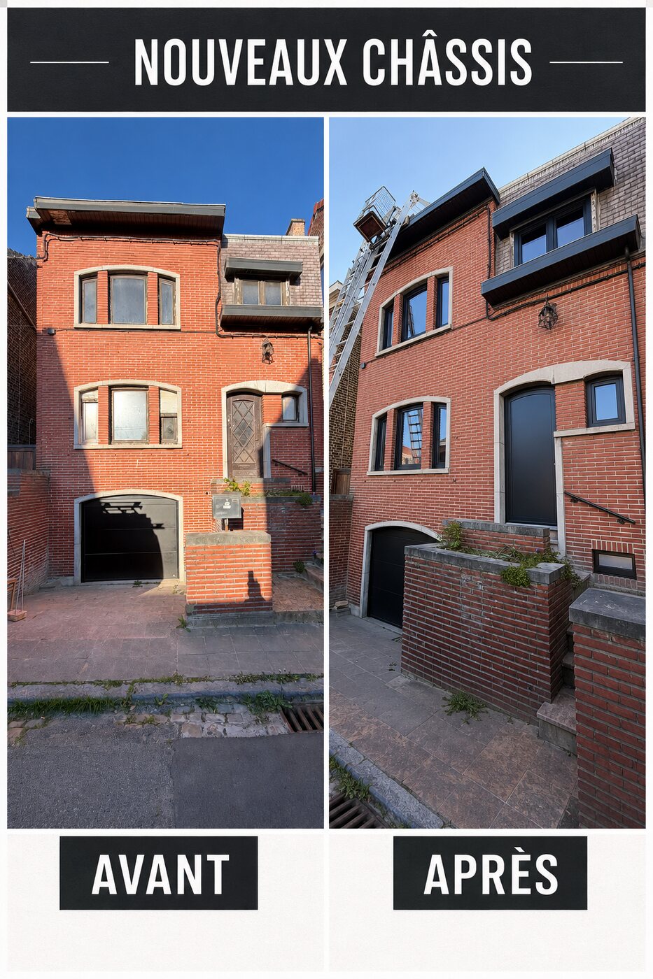 Remplacement portes et fenêtres — avant / après, réalisation MP Châssis, Charleroi et Hainaut