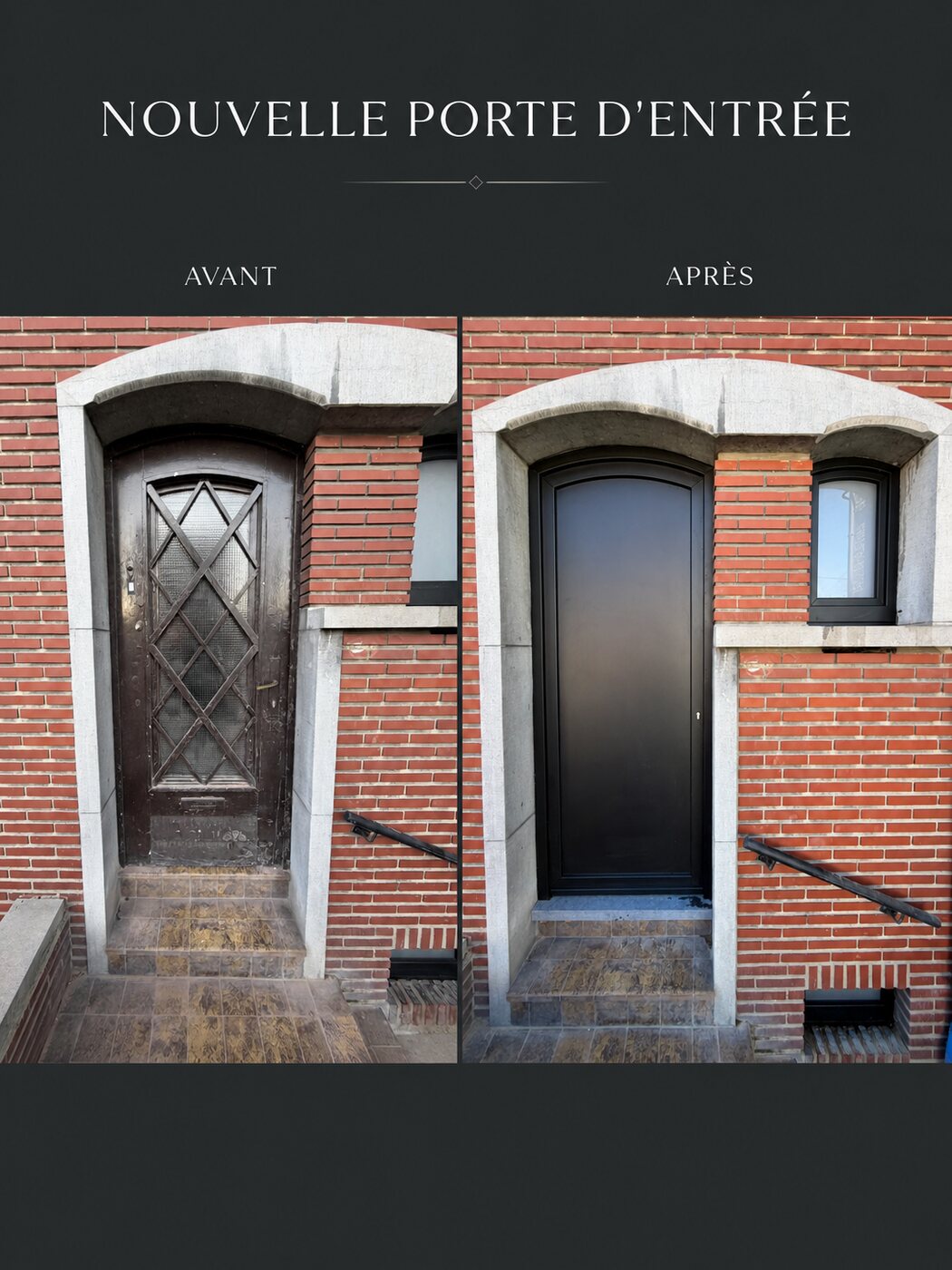 Porte à fenêtre intégrée — avant / après, réalisation MP Châssis, Charleroi et Hainaut