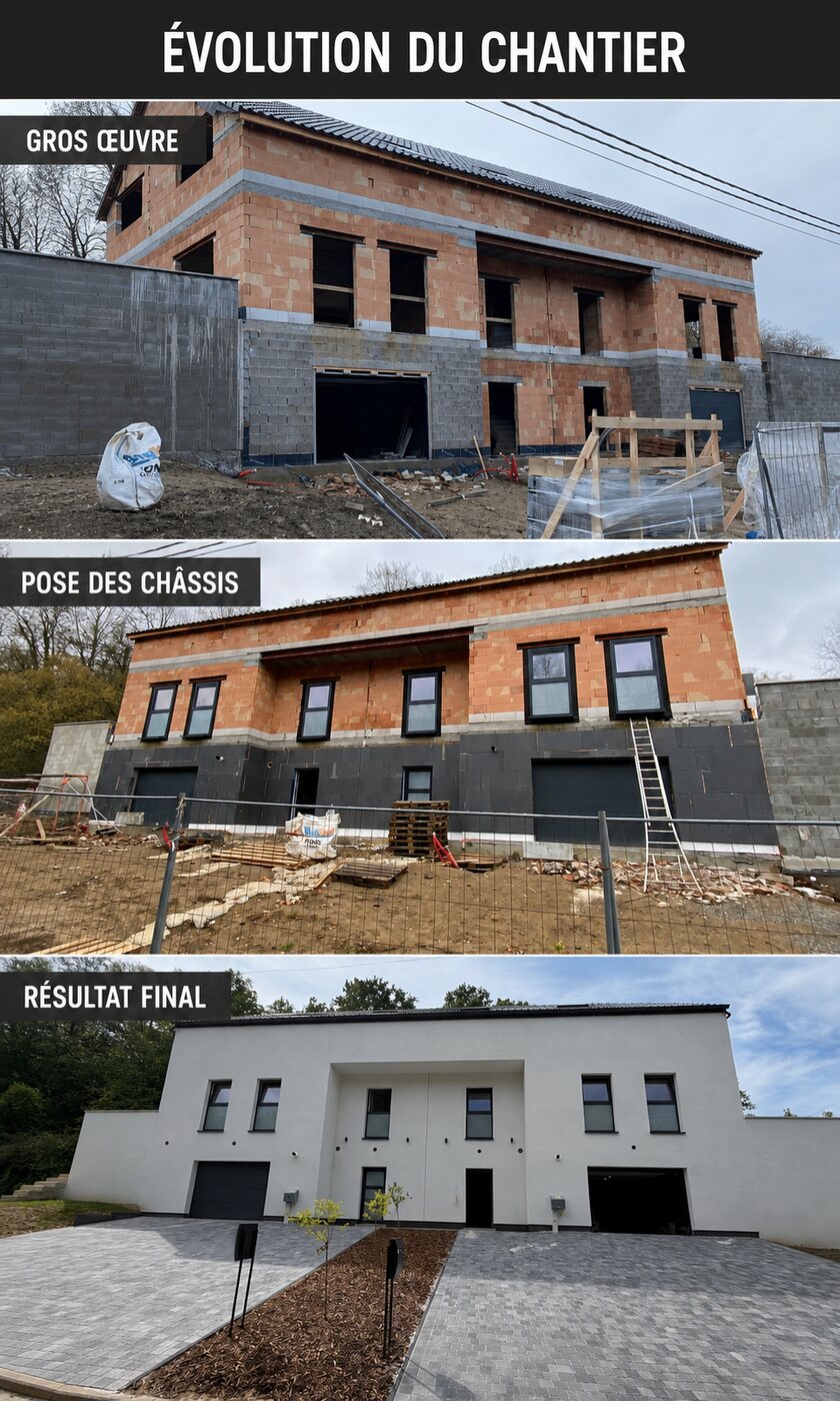 Construction neuve — avant / après, réalisation MP Châssis, Charleroi et Hainaut