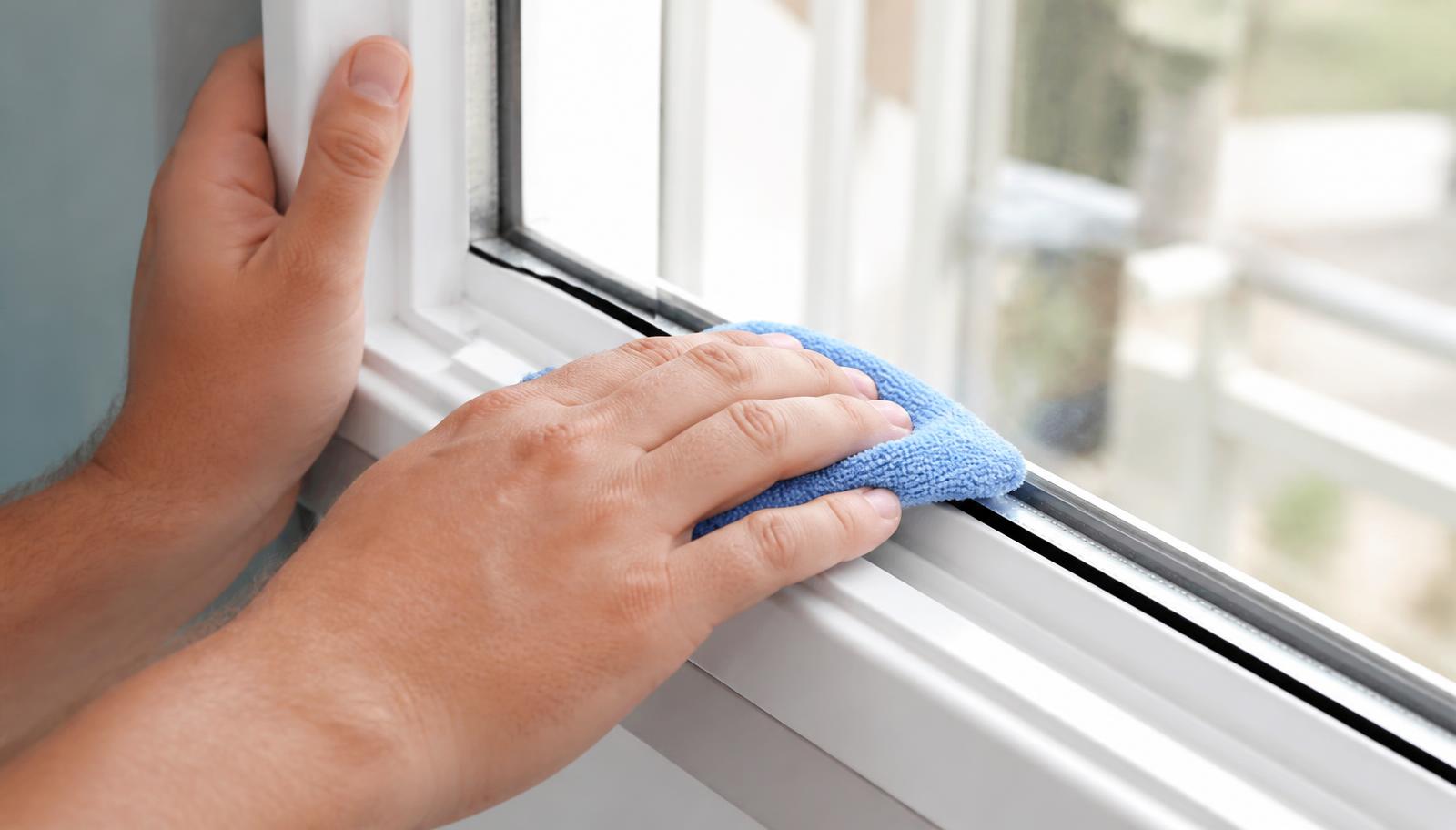 Entretien d'un châssis PVC blanc avec un chiffon microfibre