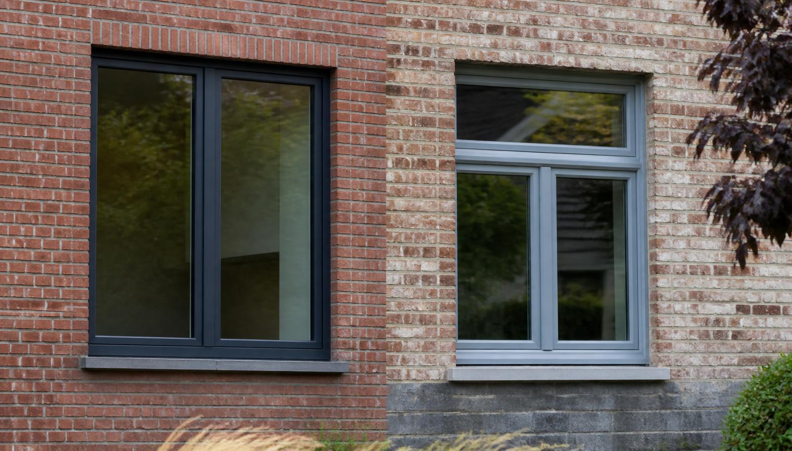 Comparaison d'une fenêtre en aluminium anthracite et d'une fenêtre PVC sur une façade en brique